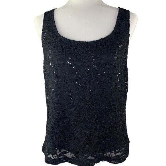 Black Lace Sequin‎ Sleeveless Party Top Tank Womens Size Large Formal Glam Chic - Picture 1 of 6